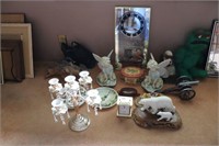 GROUP OF FIGURINES, CANDLE HOLDER, CLOCK ETC.