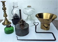 Tin Lamp font, brass funnel, glass lamp, tin base