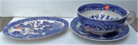 Willow ware platter,  soup  bowl and under tray,