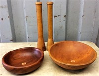 2 spools, 2 wooden bowls, 9" & 11"
