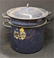 Vintage Blue Speckled Graniteware Straining Pot