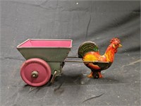 Vintage Rooster Pulling Cart Wind Up Tin Toy