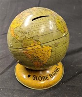 J Chein World  Globe Tin Coin Bank 4"