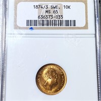 1874/3 SWE 10k Gold Coin NGC - MS65