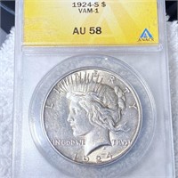 1924-S Silver Peace Dollar ANACS - AU58 VAM-1
