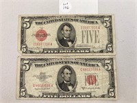 (2) $5 Red Seal Notes 1928 and 1953