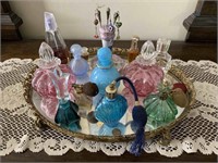 VINTAGE PERFUME BOTTLES AND MIRRORED TRAY
