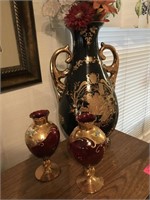 RUBY RED PAINTED GLASS AND VASE