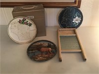 VIntage trays, washing board, and box
