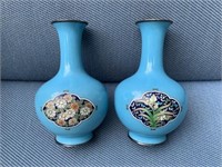 Pair Japanese Enamel Vases w/ Cloisonne Medallions