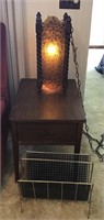 Vintage hanging light, end table, & rack