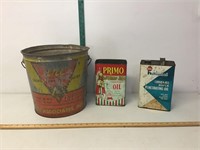 Vintage galvanized feed bucket and oil cans