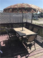 Patio Table, Umbrella, 6 Chairs