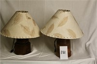 2 turned pine bedside lamps with shades