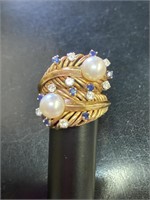 AWESOME VINTAGE 14K PEARL SAPPHIRE AND DIAMOND
