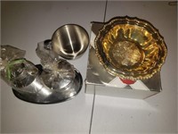 Silver plated dish and metal containers.