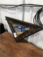 Triangle mirror w/ hat hooks, 14" tall x 27" wide