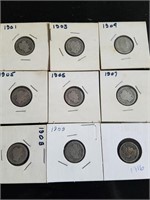 Collection of 9 Barber Dimes