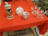 Clear glass candle holders, clear compote & stein