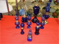 (9) cobalt blue miniature oil lamps