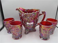 Fenton red carnival glass floral 5pc water set