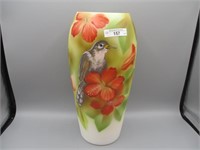 Fenton 12" HP vase w/ Bird in flowers,