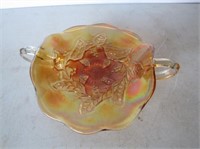 Double Handle Carnival Glass Dish 7"