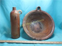2pc Antique Hand Made Red Clay Bowl & Bottle
