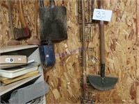 Shovels, post hole digger, ax, misc. tools