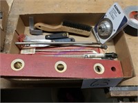 Level, drill bits, scrapers, wire brush, misc.