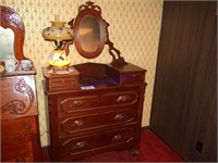 Walnut dresser w/ handkie drawers, wood leaf pulls