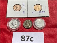 1957 SILVER QUARTER, PROOF PENNIES, AND NICKEL