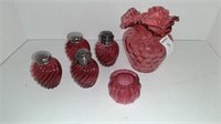 CRANBERRY VASE AND SALT AND PEPPER SHAKERS