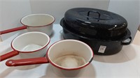 ROASTING PAN AND (3) PORCELAIN POTS