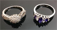 (2) 925 SILVER RINGS CLEAR & PURPLE STONES