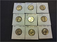 9 Washington silver Quarters from the 1950's