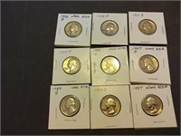 9 Washington silver Quarters from the 1950's
