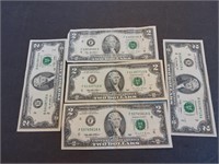 2 dollar bills 5 total 3-1995 and 2-2009