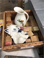 Wood box w/ wood blocks, ceramic cat, pitcher