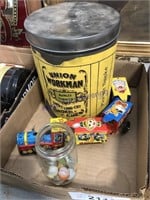 Small tin train toy, Union Workman tobacco tin
