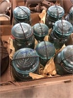 Blue pint/quart canning jars, glass lids, bales