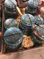 Blue pint/quart canning jars, glass lids, bales