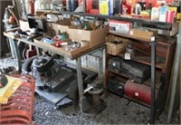 Steel work bench and wooden bookcase lot. Steel