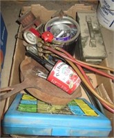Ammo box with gauges, cast iron pan, etc.
