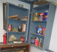 Corner shelf with contents flat ware, hardware,
