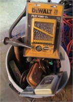 Various tools including DeWalt drill bits, pry
