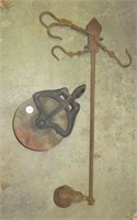 Antique barn pulley with bean scale.