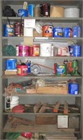 Contents of shelf including wood vise, license