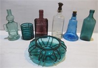 Decorative colored glass bottles.