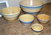 5 blue banded yellow ware mixing bowls. Dimensions